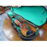A 3/4 VIOLIN IN CASE WITH BOW.