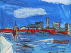 LUCY JONES (1955 - ) ARR. RIVER THAMES, OIL ON CANVAS. 1993 GALLERY LABEL VERSO. 46 x 56cms