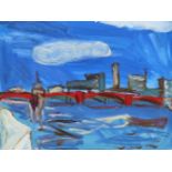 LUCY JONES (1955 - ) ARR. RIVER THAMES, OIL ON CANVAS. 1993 GALLERY LABEL VERSO. 46 x 56cms