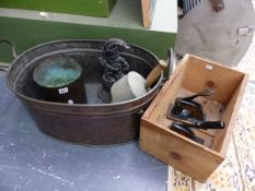AN ANTIQUE COPPER OVAL TWO HANDLED BIN, AND OTHER VARIOUS METAL WARES ETC.