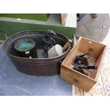 AN ANTIQUE COPPER OVAL TWO HANDLED BIN, AND OTHER VARIOUS METAL WARES ETC.