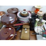 2 PAIRS VINTAGE FIELD BINOCULARS, A FOLDING CAMERA, BAROMETER, CASSEROLE DISHES AND ASSORTED CHINA