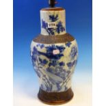 A 19th C. CHINESE BLUE AND WHITE CRACKLEWARE BALUSTER VASE AS A LAMP PAINTED WITH BIRDS AND