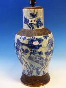 A 19th C. CHINESE BLUE AND WHITE CRACKLEWARE BALUSTER VASE AS A LAMP PAINTED WITH BIRDS AND