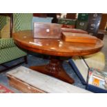 A 19th C. MAHOGANY BREAKFAST TABLE, THE CIRCULAR TOP WITH RADIATING VENEERS SUPPORTED ON AN