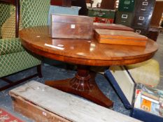 A 19th C. MAHOGANY BREAKFAST TABLE, THE CIRCULAR TOP WITH RADIATING VENEERS SUPPORTED ON AN