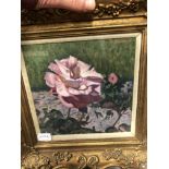 CHRISTOPHER SANDERS (1905-1991) ARR. PINK ROSE SIGNED OIL ON CANVAS, GALLERY LABEL VERSO. 26x26cms