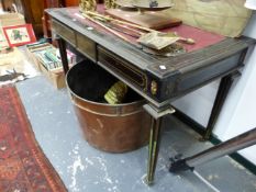 A 19th C. BRASS INLAID EBONY THREE DRAWER WRITING TABLE WITH RED INSET TOP. W 116 x D 63 x H 74cms.