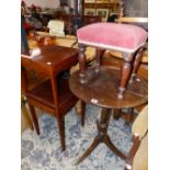 A GEORGE III MAHOGANY TRIPOD TABLE, THE DISHED TOP. Dia. 53cms. TOGETHER WITH A MAHOGANY STOOL