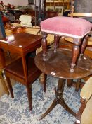 A GEORGE III MAHOGANY TRIPOD TABLE, THE DISHED TOP. Dia. 53cms. TOGETHER WITH A MAHOGANY STOOL