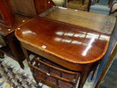 A GEORGE III SATIN WOOD BANDED MAHOGANY GAMES TABLE OPENING ON A DOUBLE GATE, THE TAPERING SQUARE