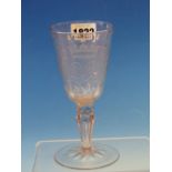 AN 18th C BOHEMIAN WINE GLASS, THE BOWL WITH ENGRAVED CROWNED MONOGRAM, THE OCTAGONAL HOLLOW STEM