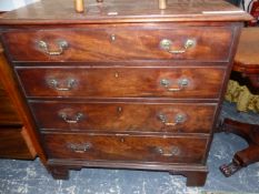 A GEORGIAN MAHOGANY CHEST OF FOUR LONG DRAWERS ON BRACKET FEET. W 90 x D 47 x H 93cms.