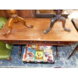 A 19th C. AND LATER MAHOGANY TWO DRAWER SOFA TABLE WITH THE PILASTER ENDS ON PAIRS OF LEGS WITH