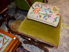 A VICTORIAN MAHOGANY STOOL UPHOLSTERED IN GREEN VELVET TOGETHER WITH TWO FOOT STOOLS