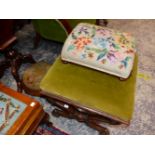 A VICTORIAN MAHOGANY STOOL UPHOLSTERED IN GREEN VELVET TOGETHER WITH TWO FOOT STOOLS