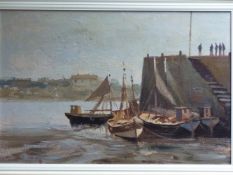 ROY PETLEY (1951- ) ARR. A FISHING PORT, SIGNED, OIL ON BOARD. 51 x 76cms