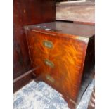 A 20th C. BRASS BOUND MAHOGANY THREE DRAWER CAMPAIGN CHEST. W 48.5 x D 39.5 x H 55cms.