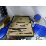 A HALLMARKED SILVER AND ENAMEL DRESSING TABLE SET ETC.