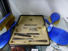 A HALLMARKED SILVER AND ENAMEL DRESSING TABLE SET ETC.