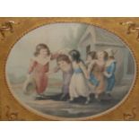 AFTER W. HAMILTON ENGRAVED BY F. BARTOLOZZI, FOUR ANTIQUE HAND COLOURED OVAL PRINTS OF CHILDREN IN