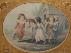 AFTER W. HAMILTON ENGRAVED BY F. BARTOLOZZI, FOUR ANTIQUE HAND COLOURED OVAL PRINTS OF CHILDREN IN