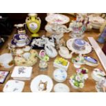 VARIOUS PORCELAIN FIGURINES ORNAMENTS, PLATES, TRINKET BOXES ETC.