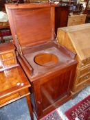 A 19th C.WASHING CABINET, THE LIFT UP TOP OVER A BOWL RECEIVER, THE SEPARATE MIRROR ONCE FITTING