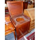 A 19th C.WASHING CABINET, THE LIFT UP TOP OVER A BOWL RECEIVER, THE SEPARATE MIRROR ONCE FITTING