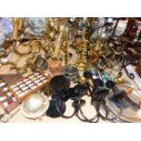 VARIOUS BRASS AND IRON CANDLESTICKS AND OTHER METAL WARES ETC.