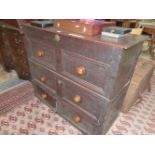 A 17th C. AND LATER COFFER TOPPED CHEST OF THREE DRAWERS ON PLINTH FOOT. W 109 x D 46 x H 92cms.