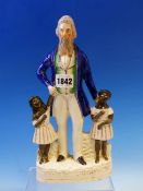 A 19th C. STAFFORDSHIRE POTTERY FIGURE NAMED FOR JOHN BROWN STANDING WITH TWO BLACK CHILDREN. H