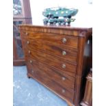 A 19th C. MAHOGANY TWO PART CHEST OF FIVE GRADED DRAWERS ON SHAPED BRACKET FEET. W 125 x D 55 x H