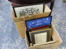 A COLLECTION OF ANTIQUE AND LATER PICTURES INCLUDING DECORATIVE NEEDLEWORK PANELS, EPHEMERA ETC,