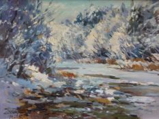 20th.C. SCHOOL. A WINTER LANDSCAPE, SIGNED INDISTINCTLY, OIL ON BOARD. 68 x 93cms