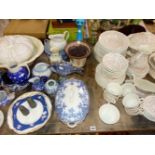 AN ADAMS WARE PART DINNER SERVICE, GERMAN FISH PLATES, VARIOUS BLUE AND WHITE WARES ETC.