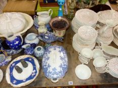 AN ADAMS WARE PART DINNER SERVICE, GERMAN FISH PLATES, VARIOUS BLUE AND WHITE WARES ETC.