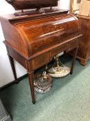 A LATE 19th/EARLY 20th C. MARQUETRIED MAHOGANY CYLINDER BUREAU, THE LID WITH VASE OF FLOWERS OVAL ON