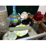 A CLOISONNE VASE, DENBY CUP AND SAUCER, PLATED SWING BASKET, AN ARTHUR WOOD PIG TEA POT ETC.