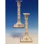 A PAIR OF EARLY 19th C. WHITE ENAMEL CANDLESTICKS, POSSIBLY STAFFORDSHIRE, THE SPIRAL COLUMNS AND