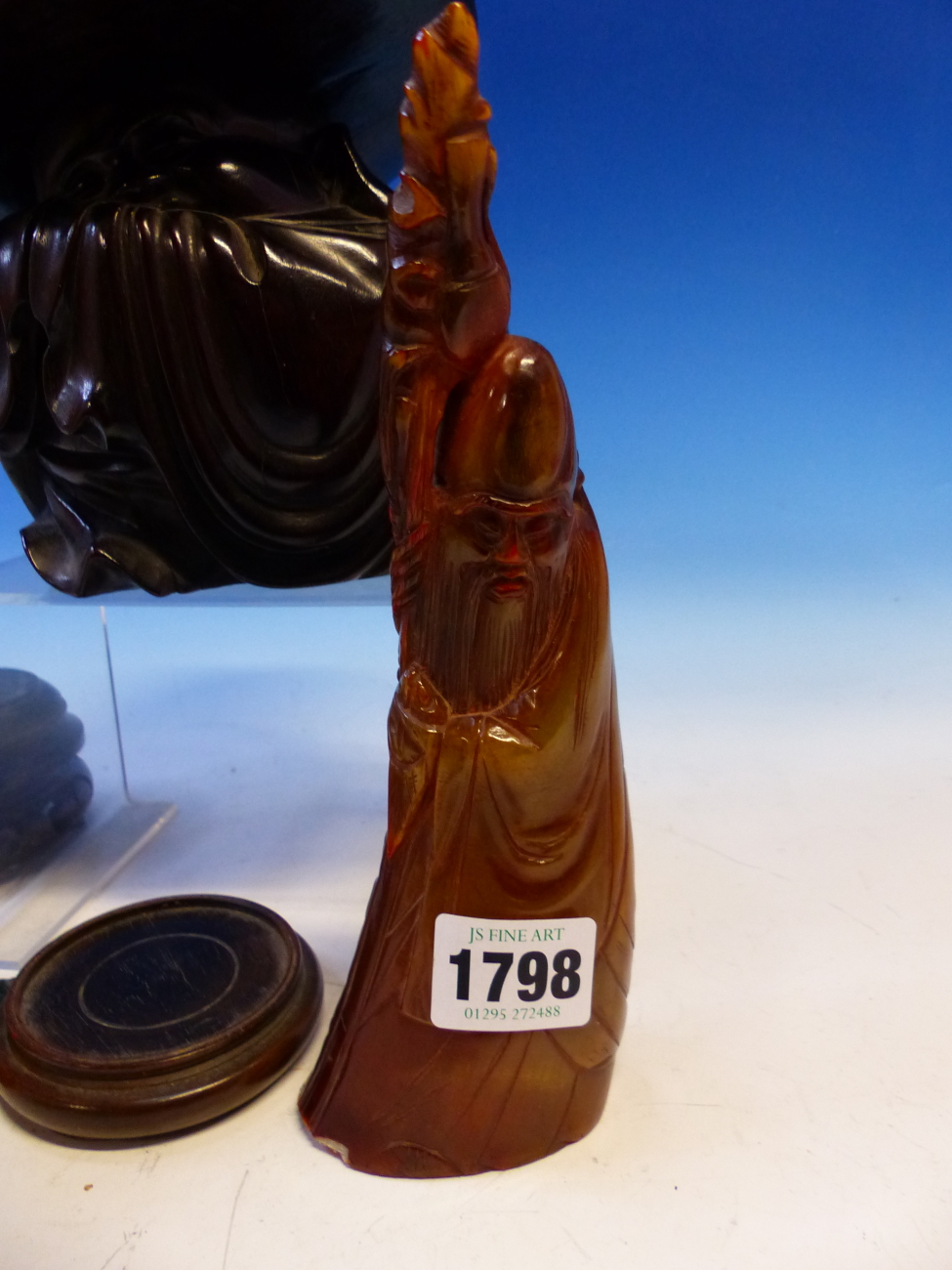 A HORN CARVING OF SHOULAO. H 20cms. FOUR WOOD STANDS, A CARVED WOOD FIGURE OF A SLEEPING MONK. H - Image 5 of 9