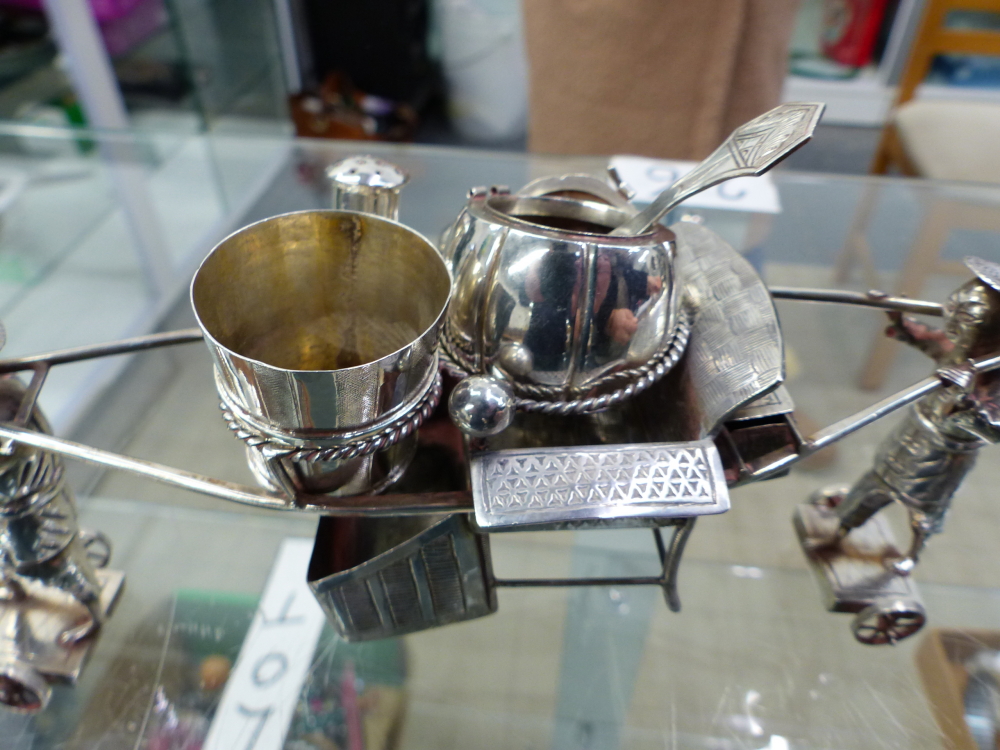 AN FAR EASTERN WHITE METAL CONDIMENT SET IN THE FORM OF A SEDAN CHAIR WITH FIGURES TOGETHER WITH TWO - Image 6 of 19