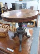 A 19th C. ROSEWOOD CIRCULAR TABLE ON FOLIAGE CARVED COLUMN AND TRIPOD. Dia. 50 x H 54cms.