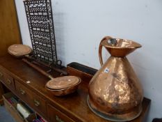 A LARGE COPPER MEASURE JUG, TWO WARMING PANS, ETC.