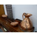 A LARGE COPPER MEASURE JUG, TWO WARMING PANS, ETC.