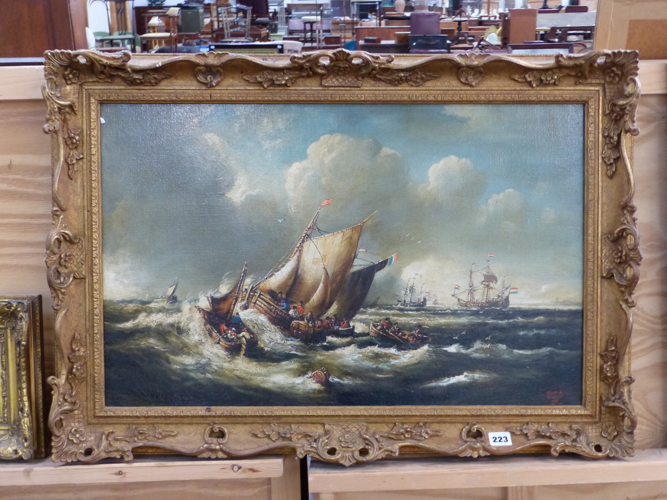 A DECORATIVE MARINE OIL PAINTING AFTER THE OLD MASTERS, SWEPT GILT FRAME. 44 x 69cms