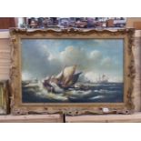 A DECORATIVE MARINE OIL PAINTING AFTER THE OLD MASTERS, SWEPT GILT FRAME. 44 x 69cms