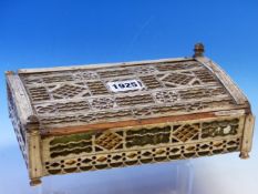 A 19th C. KHOLMOGORY BONE BOX WITH SLIDE OFF LID PIERCED AND CARVED WITH BANDS OF GEOMETRIC SHAPES