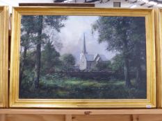 CLIVE MADGWICK (1934 - ) ARR. BANGOR ABBEY, SIGNED, OIL ON CANVAS. 61 x 92cms