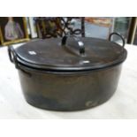 A 19th C. COPPER TWO HANDLED JAM PAN AND OVAL